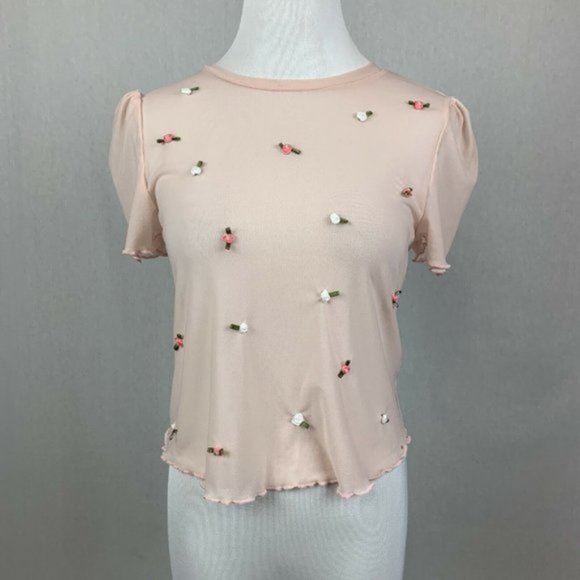 Urban Outfitters sheer mesh floral 90's short slee - Picture 3 of 6